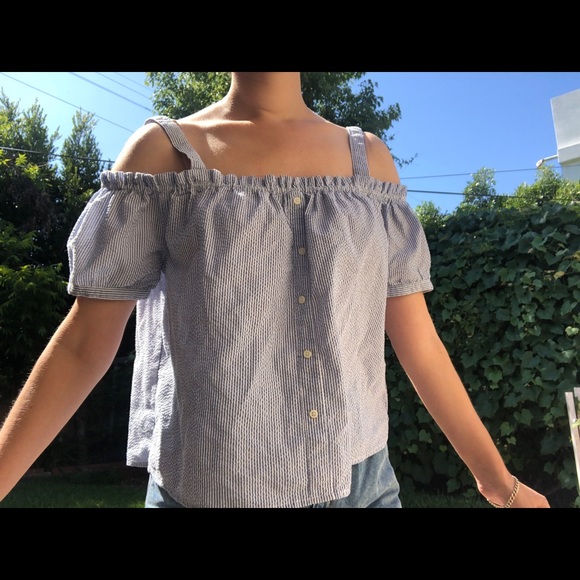 Springfield gorgeous striped cold shoulder white black boho shirt, size S resort - Picture 2 of 5